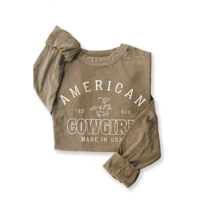 Women's American Cowgirl Long Sleeve Brown T-Shirt | Western Style Top for Rodeo, Country Music Festivals & Casual Wear