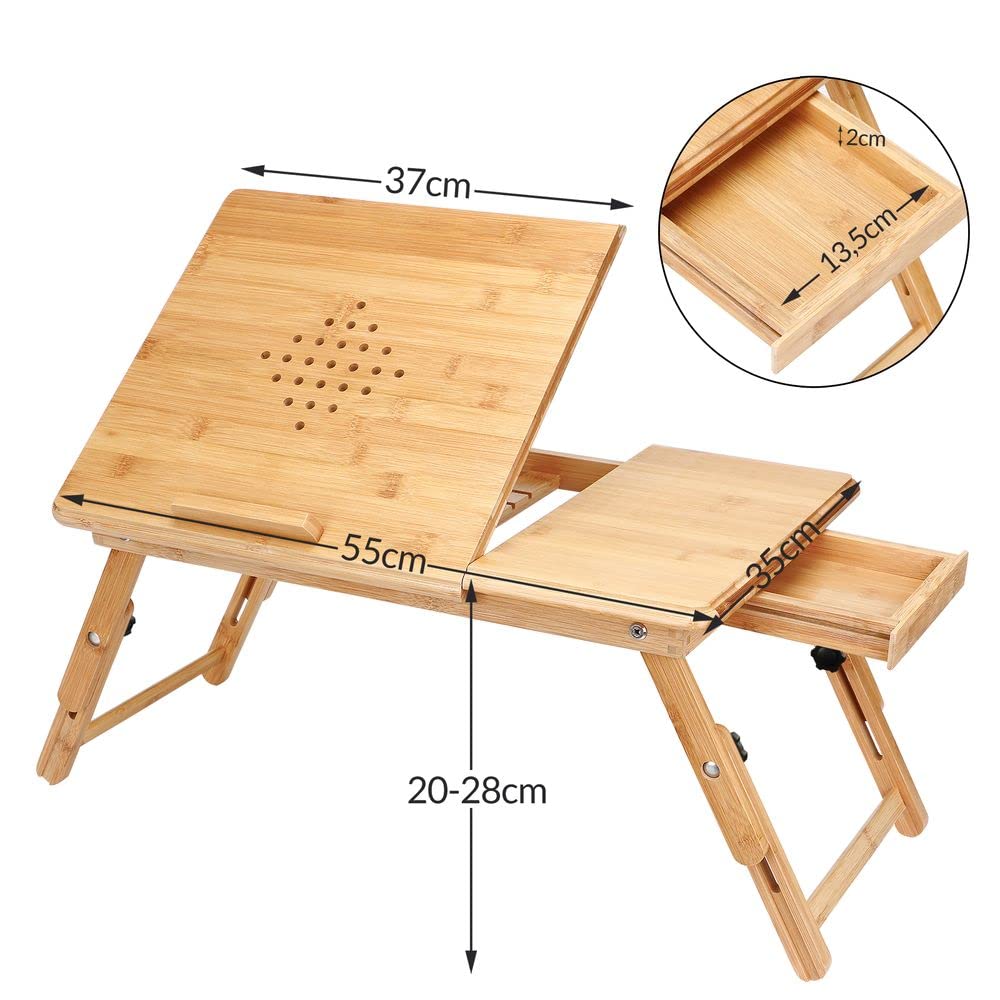 CASARIA® Adjustable Bamboo Wood Laptop Desk Set of 2 - Foldable Tilt Stand with Drawer & Ventilation Holes for Sofa, Bed, Office - Perfect for Working, Studying or Watching Movies in Bed