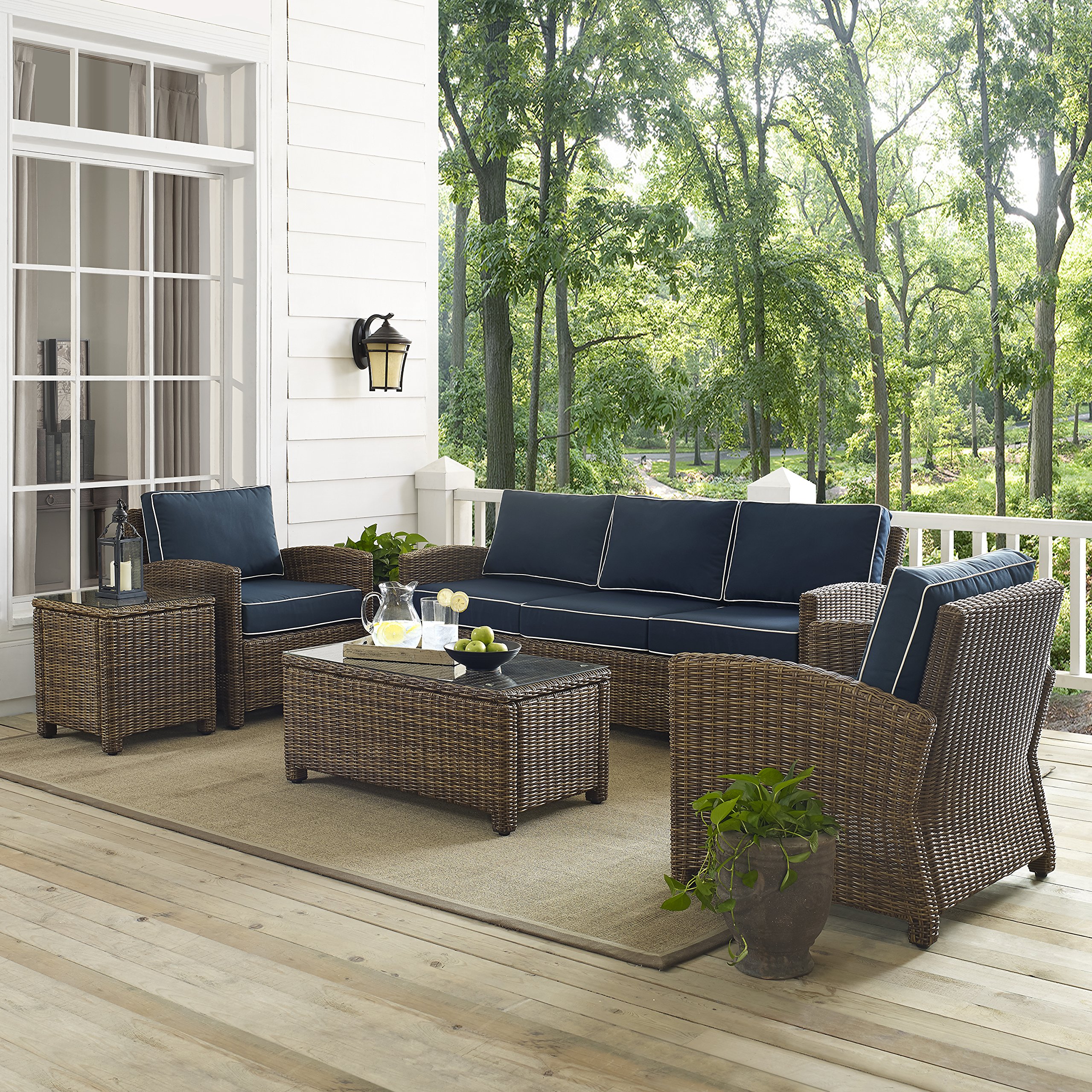 Crosley Bradenton 5-Piece Outdoor Wicker Sofa Set with Navy Cushions - Patio Furniture Conversation Set for Porch, Deck & Backyard (Brown)