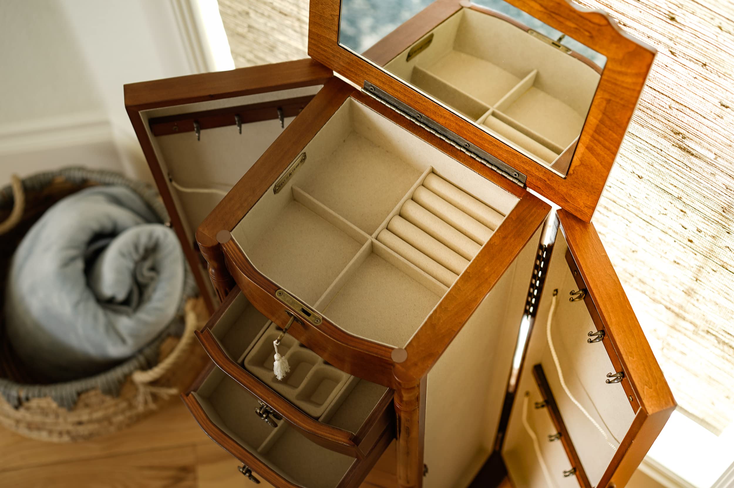 Hives and Honey Sheffield Standing Armoire Jewelry Cabinet - Walnut Wood Jewelry Storage Organizer with Mirror | Perfect for Bedroom, Closet & Dressing Room Organization