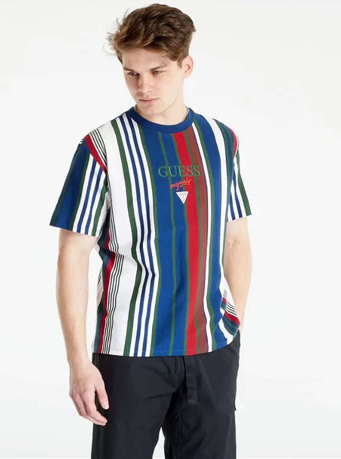 Guess Originals White Multi Stripe Cotton T-Shirt for Men - Casual & Streetwear Style - Perfect for Everyday Wear and Outings