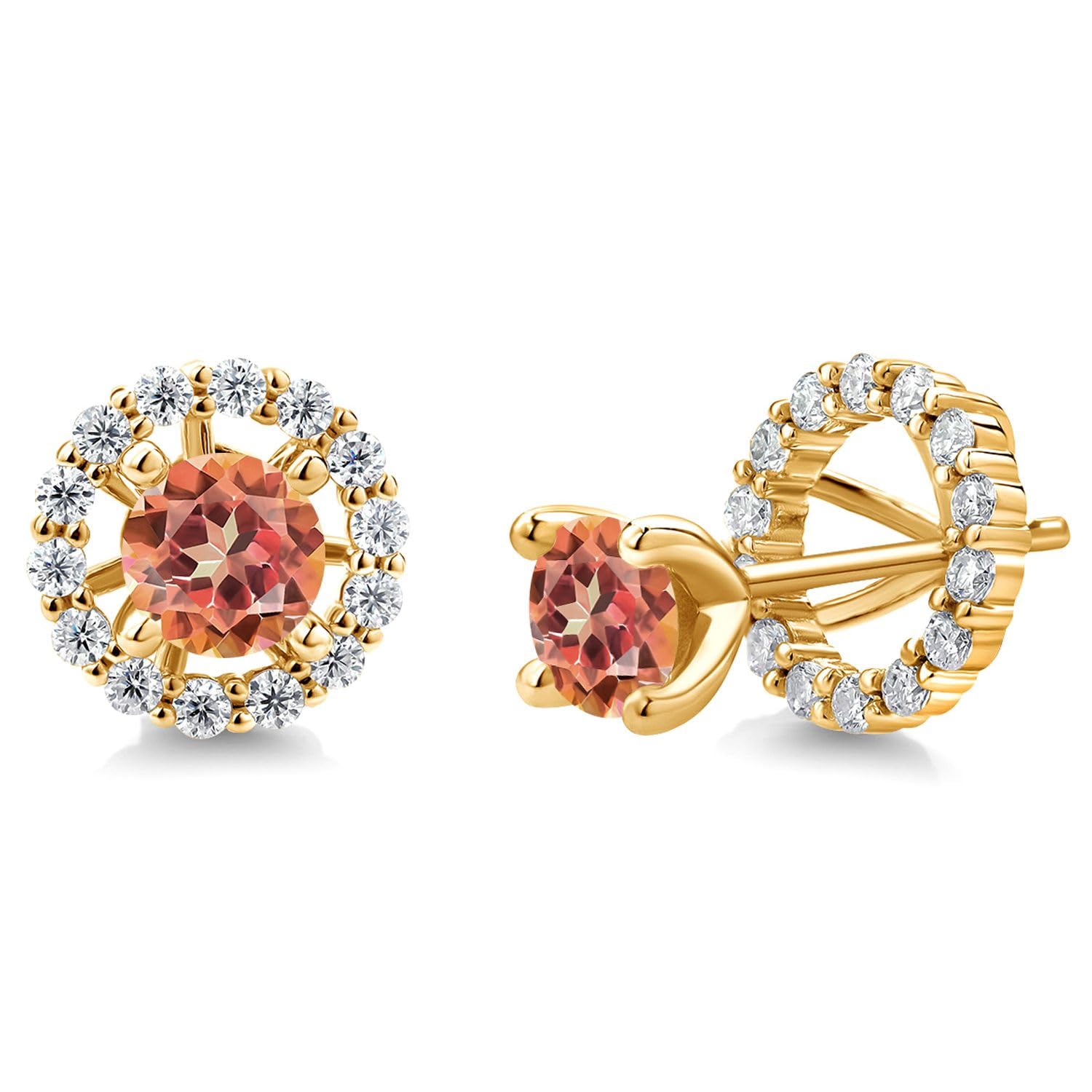 18K Yellow Gold Plated Silver Gemstone & White Moissanite Earrings for Women | Birthstone Studs with Removable Jackets | Round 5MM Center Stone | Perfect for Gifts, Weddings & Everyday Wear