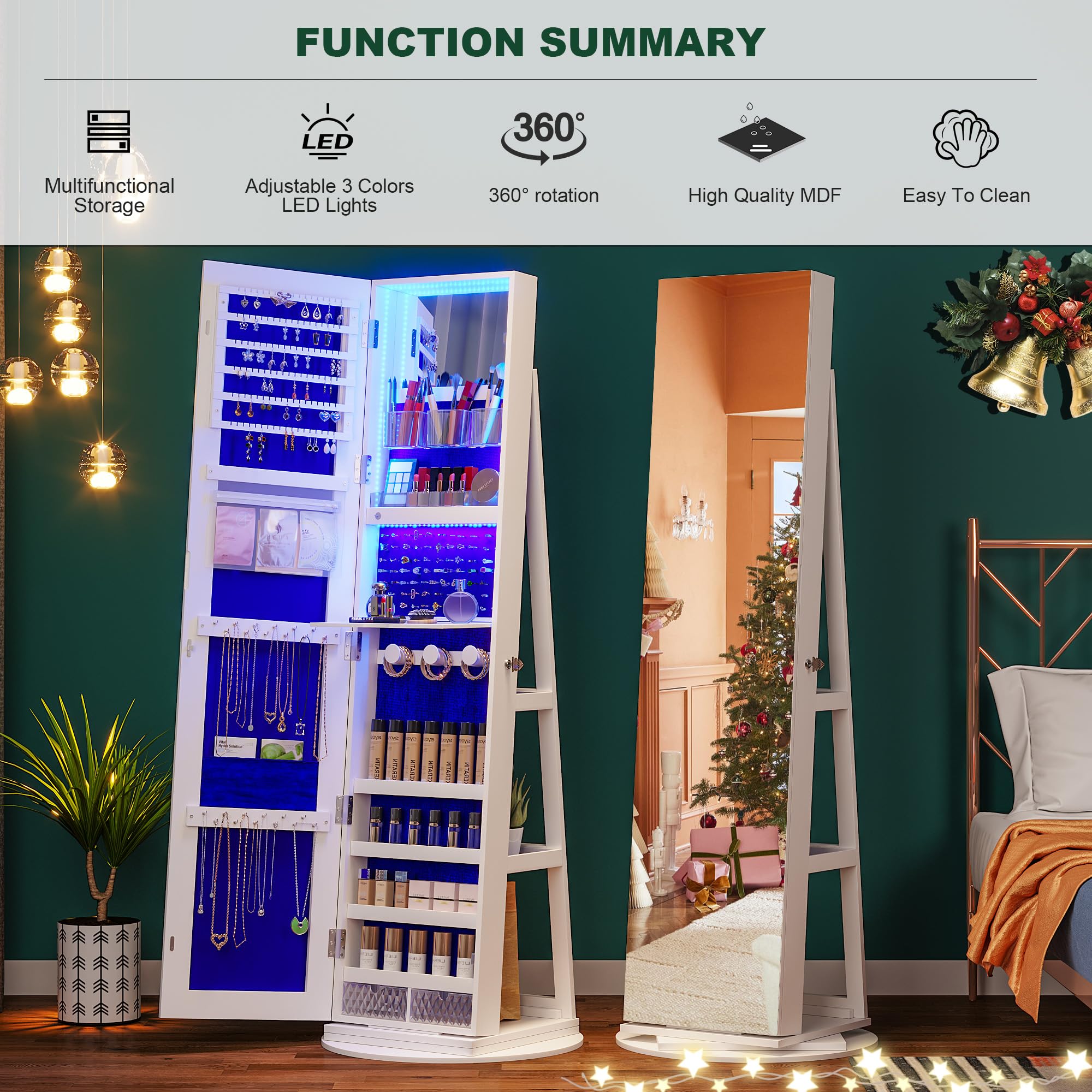 HNEBC 360° Swivel Jewelry Cabinet with LED Lights - Standing Jewelry Armoire Organizer with Rotating Mirror & Full-Length Mirror - White Jewelry Storage for Bedroom, Closet & Dressing Room