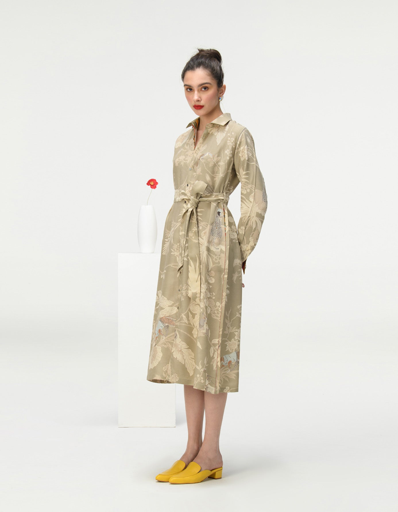 Elegant Tie Belt Shirt Dress in Muga Satin - Oyster Grey | Women's Casual Office Wear & Spring Outfits