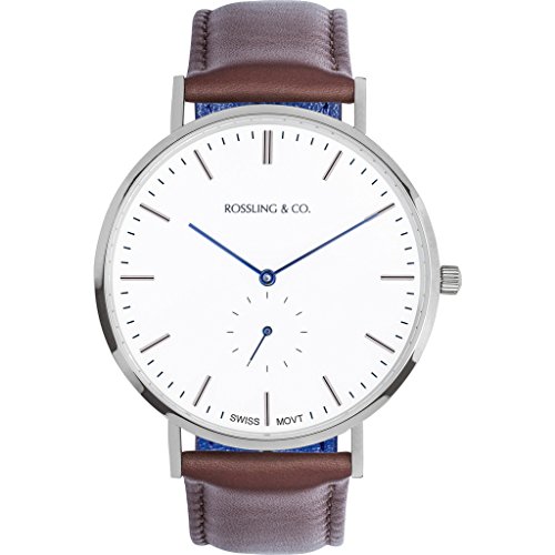 Rossling & Co. Classic 40mm Westhill Men's Watch - Silver Stainless Steel Case, White Dial, Blue Leather Strap | Water Resistant Dress Watch for Business, Office & Formal Occasions