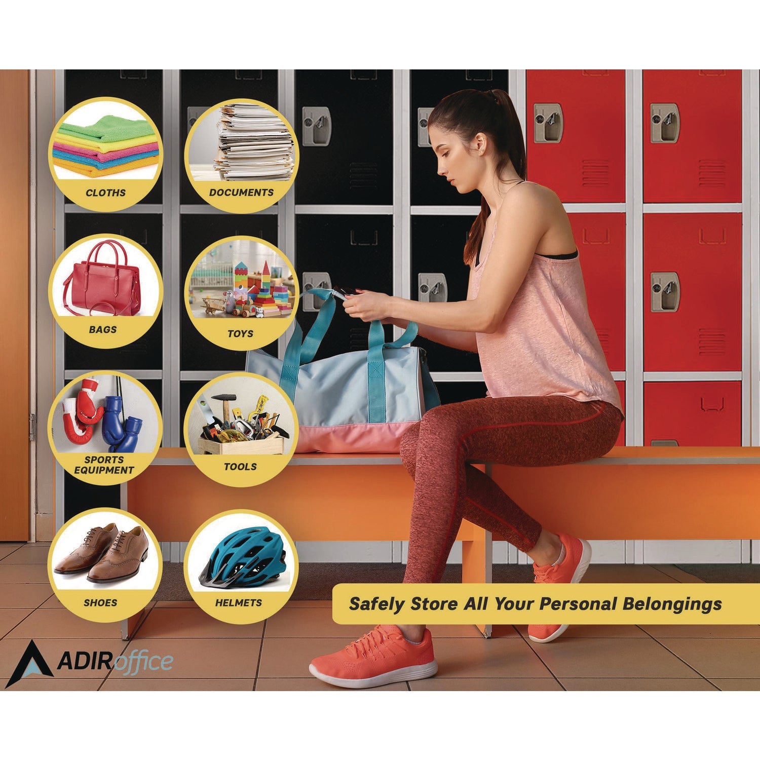AdirOffice 4 Compartment Steel Storage Locker - 12 x 12 x 72 Inches, Red - Heavy Duty School Gym Locker for Home, Office & Warehouse Organization