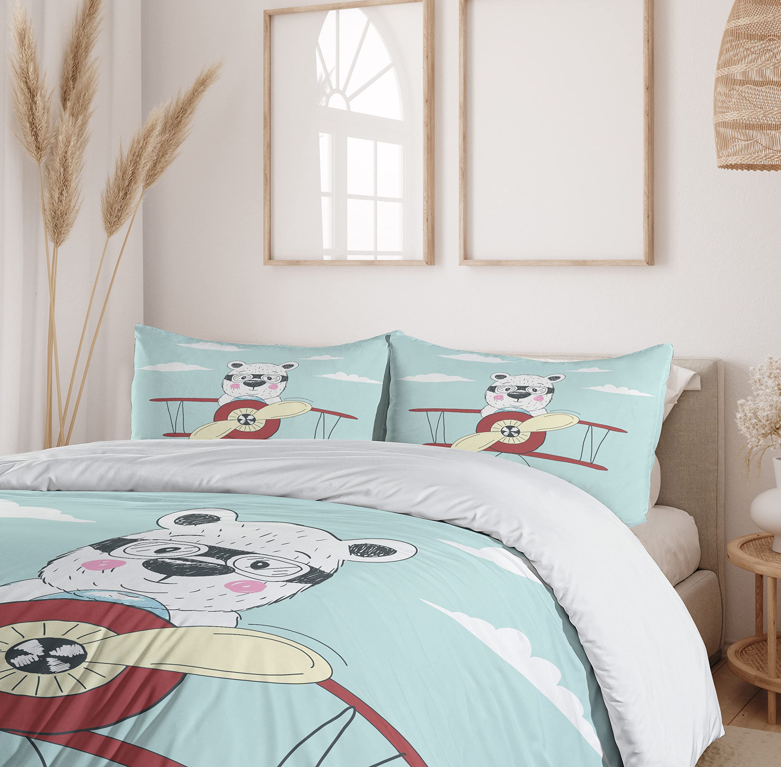 Ambesonne Cartoon Duvet Cover Set - Hand Drawn Pilot Bear Flying Airplane in Sky, Funny Kids Bedding 3-Piece Set with 2 Pillow Shams, California King Size, Pale Blue Cream Ruby - Perfect for Kids' Rooms, Nursery Decor & Whimsical Bedroom Themes