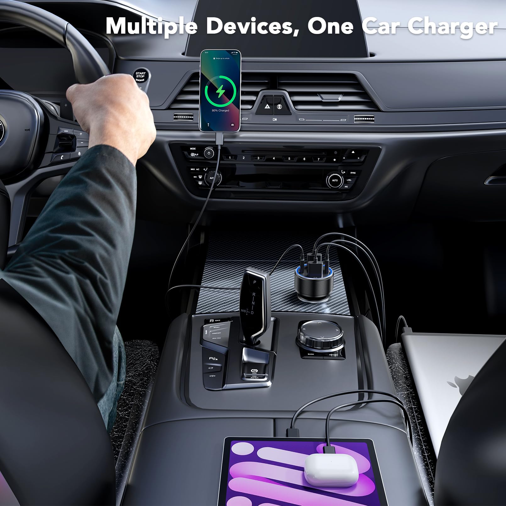 Fast Charging 4-Port USB C Car Charger with Voltmeter - Dual USB C & USB A Ports for iPhone, Samsung Galaxy, iPad & Tablets - Compact Metal Cigarette Lighter Adapter (Black) - Perfect for Road Trips, Commuting & Multi-Device Charging