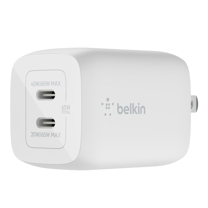 Belkin 65W Dual USB-C GaN Wall Charger with PPS - Fast Charging for iPhone, MacBook, Samsung - Compact & Powerful for Travel, Home & Office (White)