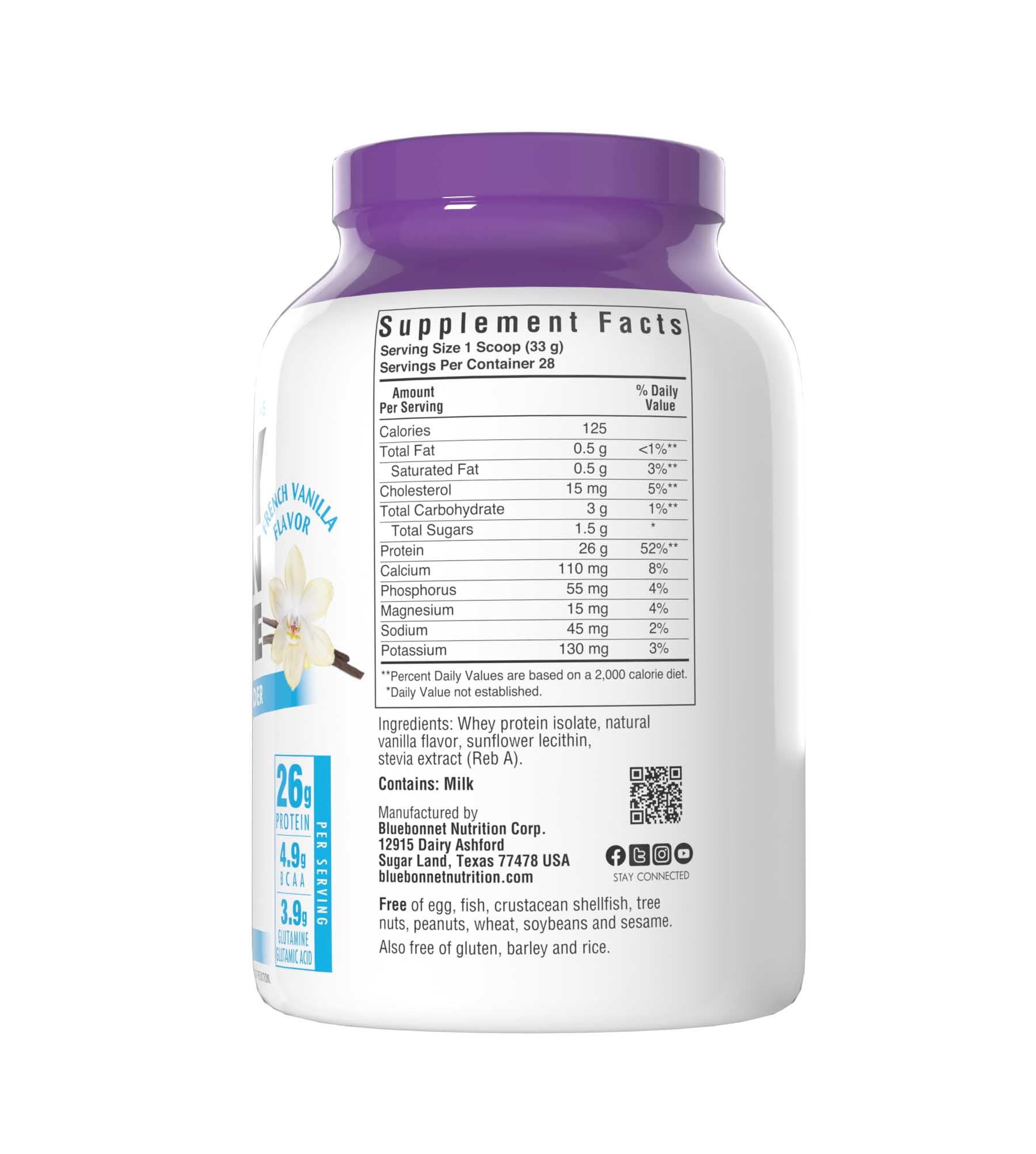 BlueBonnet Grass-Fed Whey Protein Isolate Powder - 26g Protein, No Sugar Added, Gluten & Soy Free, Kosher Dairy - 2 Lbs (28 Servings) French Vanilla Flavor - Perfect for Post-Workout Recovery & Healthy Smoothies