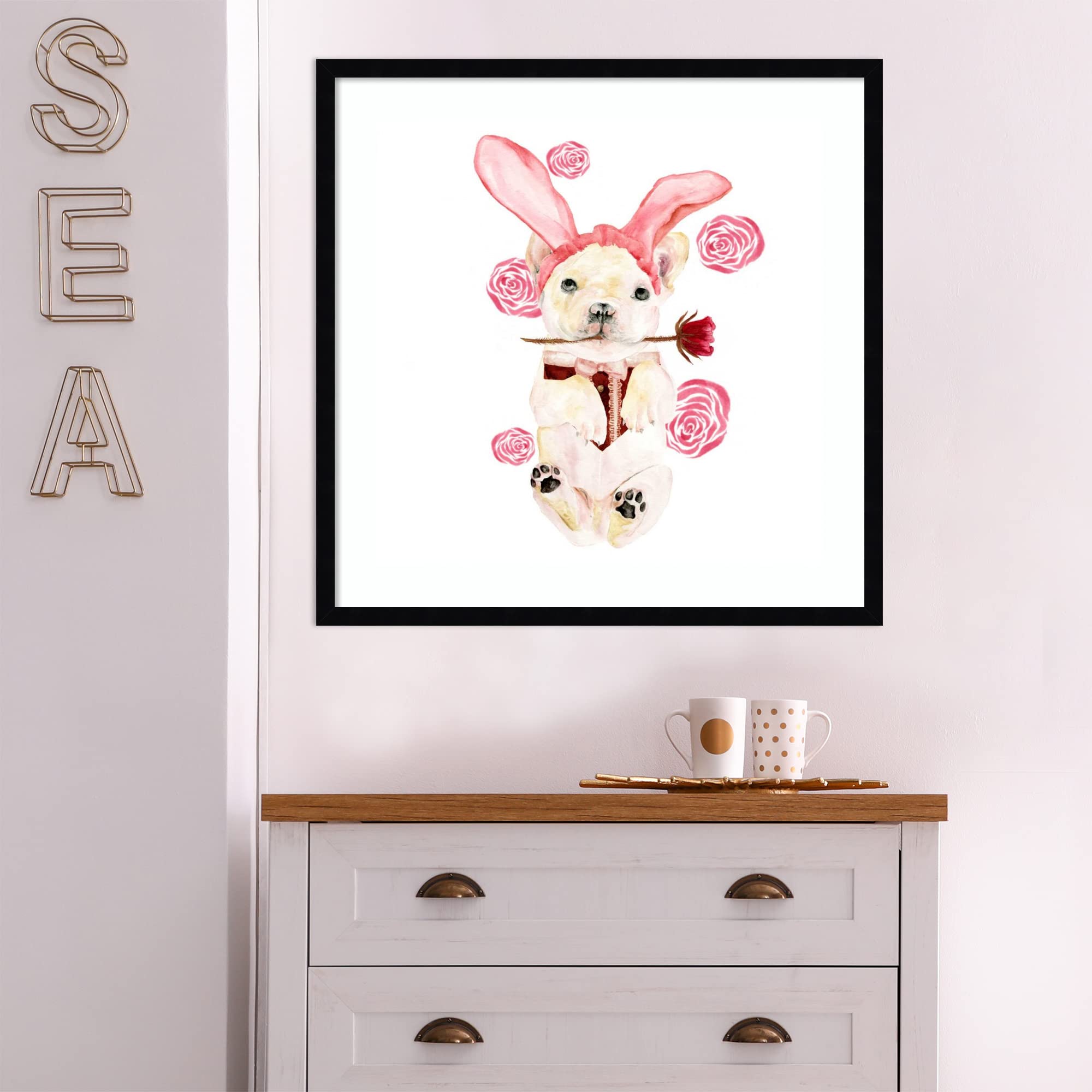 Amanti Art Framed Wall Art Print 25x25 - Valentine Puppy I by Melissa Wang, Animal Wall Decor, Whimsical Home Decor, Medium Poster Painting for Living Room, Bedroom, Bathroom, Kitchen & Office - Perfect for Valentine's Day Gifts, Pet Lover Presents & Nursery Decor