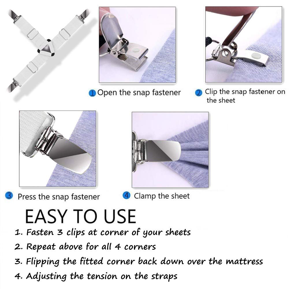 Ultrashang 2-Pack White Elastic Adjustable Fitted Sheet Straps - Triangle Bed Sheet Fasteners, Grippers & Suspenders for Crib Mattress Pad - Keep Sheets Secure on Baby Beds, Toddler Cots & Nursery Mattresses