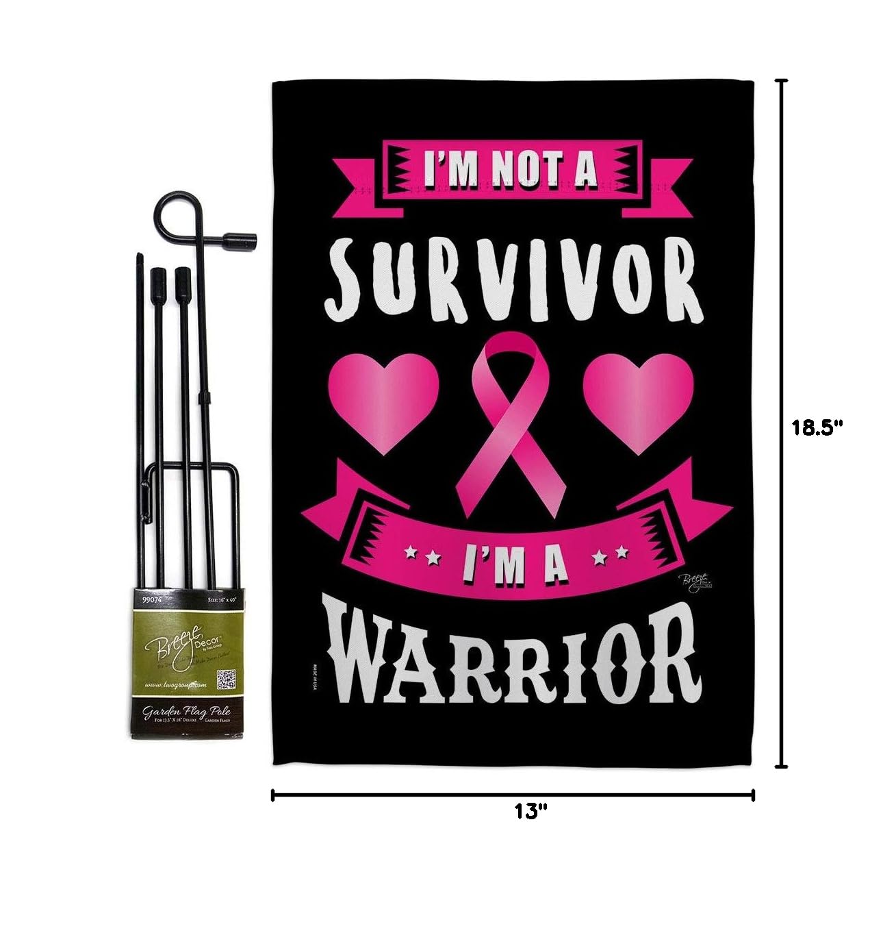 Pink Warrior Garden Flag Set with Stand - Inspirational Breast Cancer Awareness Ribbon, Autism & BLM Support - Double-Sided 13x18.5 Inch Yard Banner, Made in USA - Perfect for Front Yard Decor, Survivor Gifts & Awareness Campaigns
