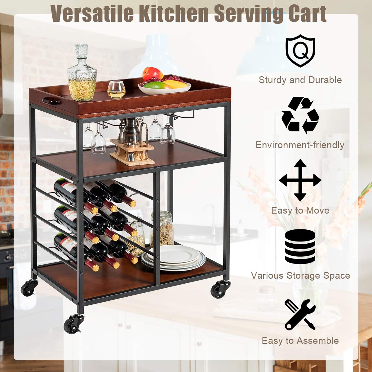 Giantex 3-Tier Rolling Kitchen Island Cart with Wine Rack & Glasses Holder - Industrial Style Serving Cart, Utility Cart with Metal Frame & Casters, Rustic Brown - Perfect for Small Kitchens, Dining Rooms & Home Bars