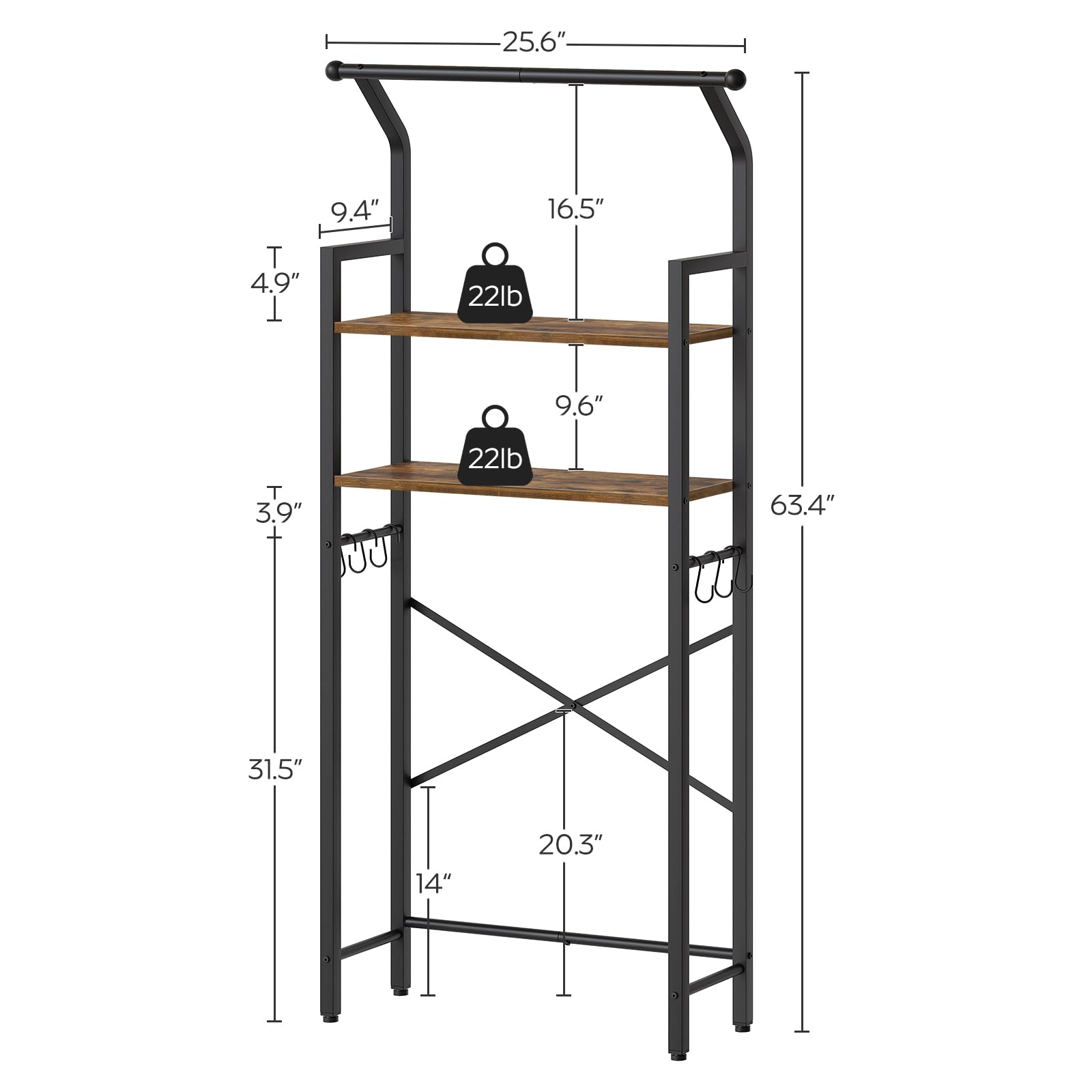 Over The Toilet Storage Shelf - 2-Tier Bathroom Organizer with Hooks | Space-Saving Vertical Toilet Shelf Rack in Rustic Brown & Black | Perfect for Small Bathrooms, Apartments & Powder Rooms (TR01BR)