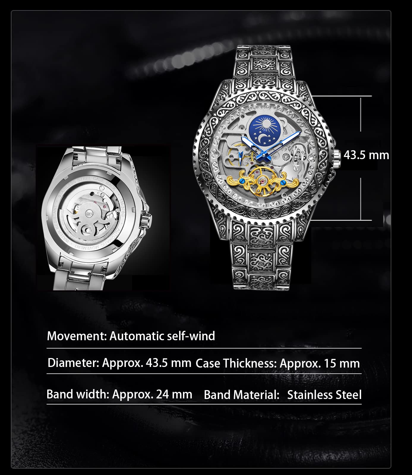Mechanical Skeleton Watch for Men - Auto Wind Moonphase - Tattoo Pattern - FH094 - Perfect for Formal & Casual Wear