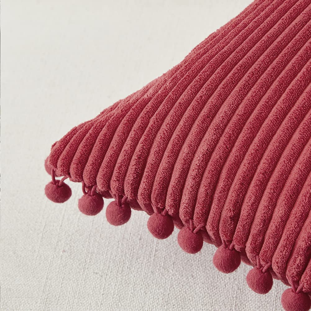 2 Pack Christmas Burgundy Decorative Throw Pillow Covers 18x18 Inch (45x45 cm) - Soft Corduroy Square Cushion Cases with Pom Poms for Couch, Bed & Living Room - Festive Holiday Home Decor for Xmas Tree & Fireplace Settings