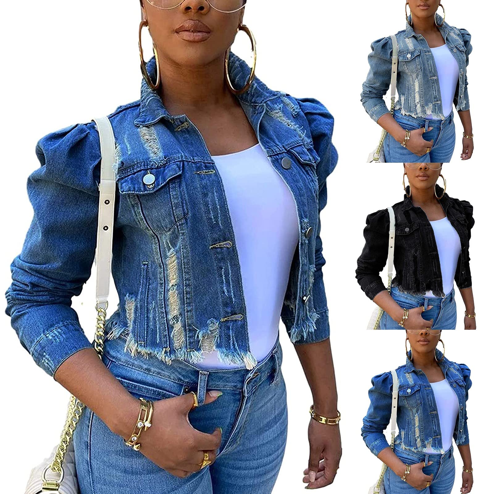 Women's Ripped Denim Jacket with Puff Sleeves & Frayed Hem - Slim Fit Cropped Jean Jacket for Casual Outfits & Streetwear Fashion