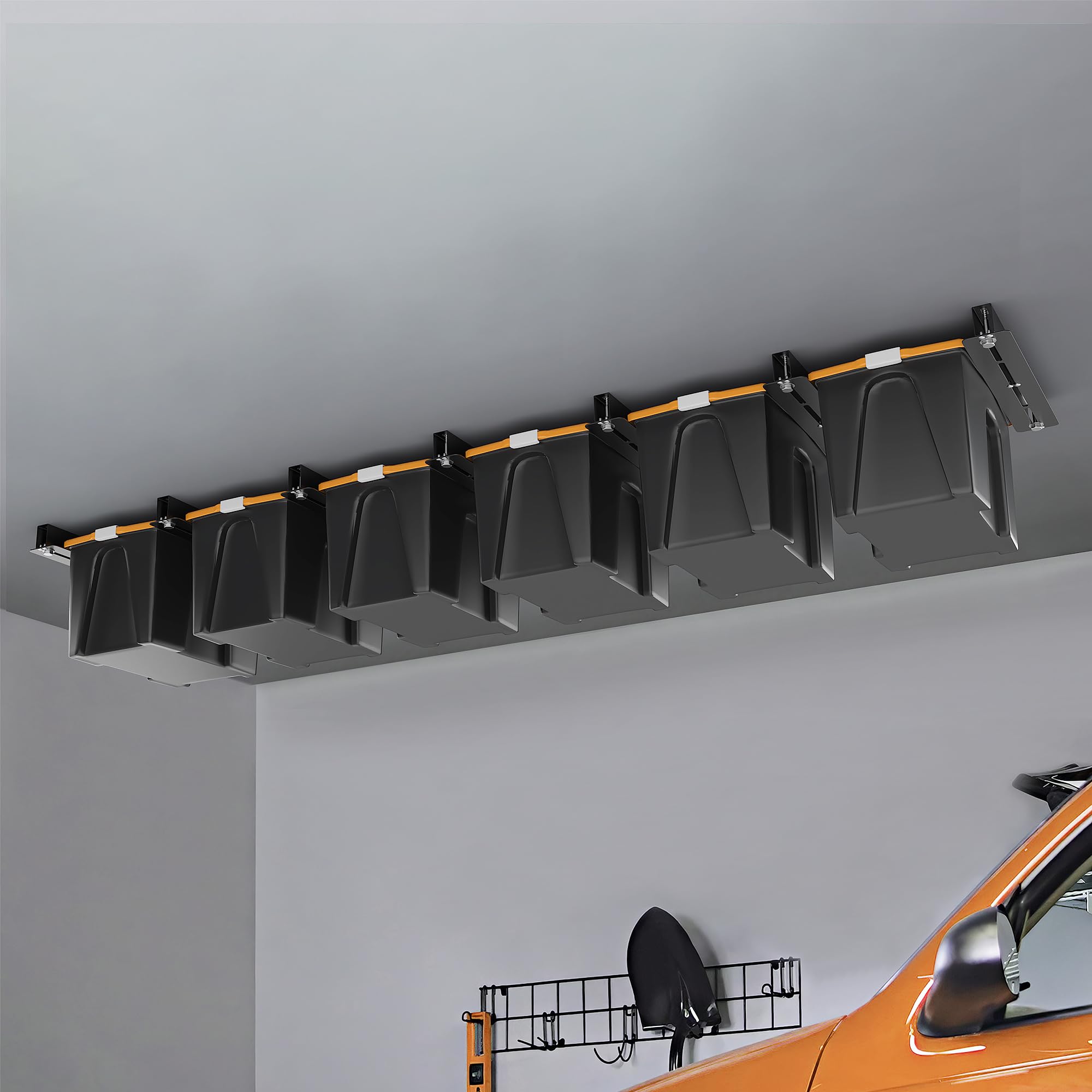 UltraWall Heavy Duty Overhead Garage Storage Racks - Adjustable Width Ceiling Organizer for Bins & Totes (7 Pack, 6 Bins Included) - Perfect for Garage, Basement & Attic Organization