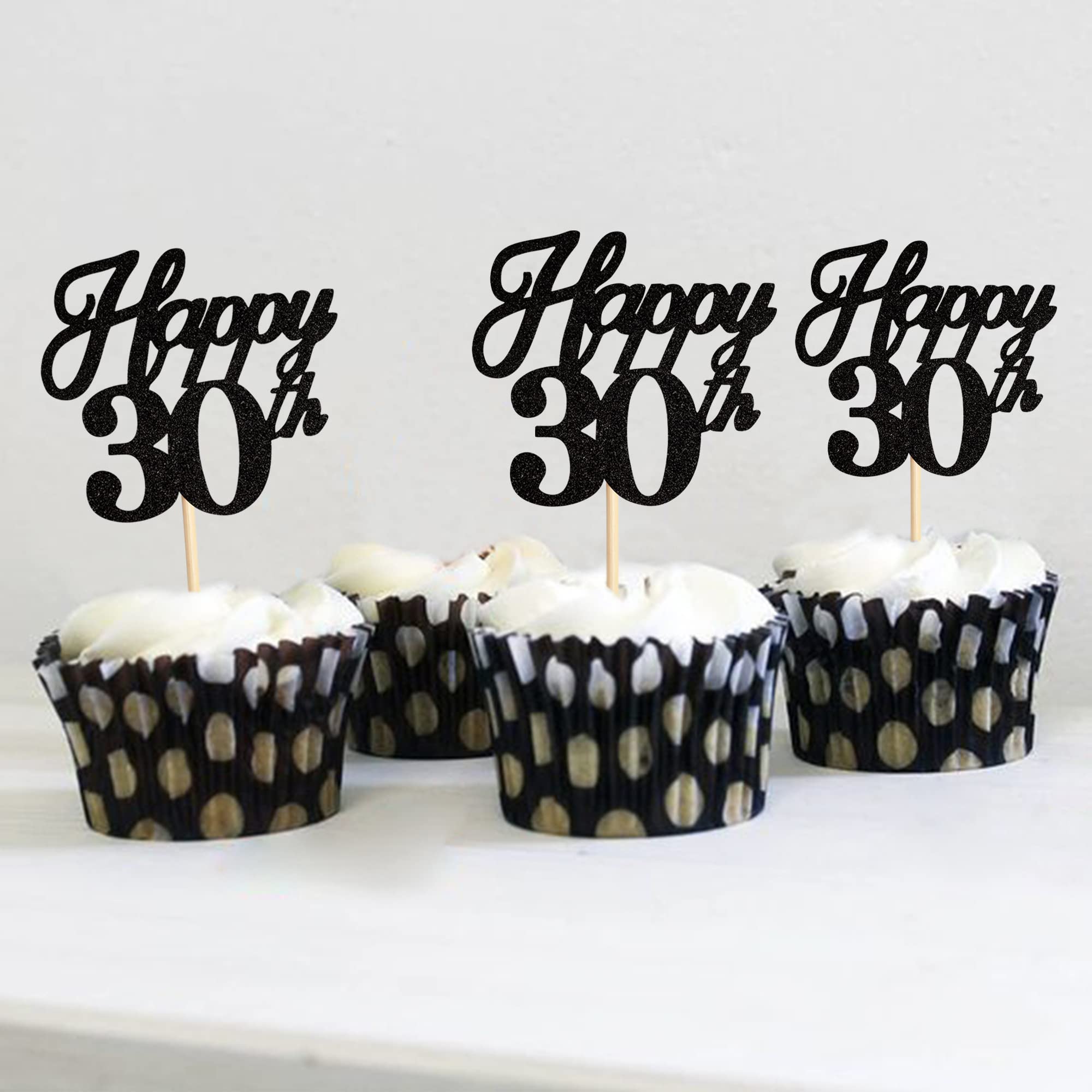 Ercadio 24 Pack Happy 30th Birthday Cupcake Toppers - Black Glitter 30th Cupcake Picks, Hello 30 Cupcake Decorations for Birthday, Wedding, Anniversary Party Cake Decor Supplies - Perfect for Milestone Celebrations & Dessert Table Displays