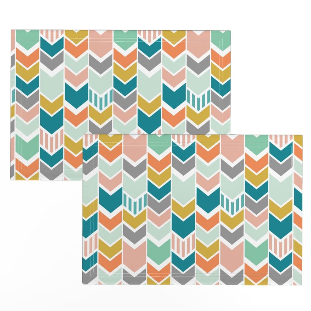 Premium Linen Cotton Canvas Placemats Set of 2 - Chevron Gray, Bold Teal, Mint Gold Arrow Stripes Print | Washable & Durable Table Mats for Dining, Kitchen Decor, Party Table Setting