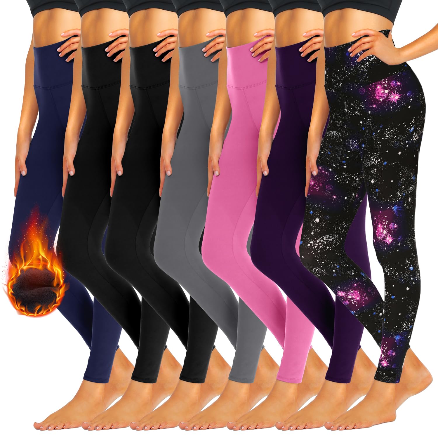 iceROSE 7 Pack Women's High Waisted Fleece Lined Leggings - Soft Thermal Yoga Pants for Workout, Running & Maternity | Perfect for Winter, Gym, Lounge & Everyday Wear