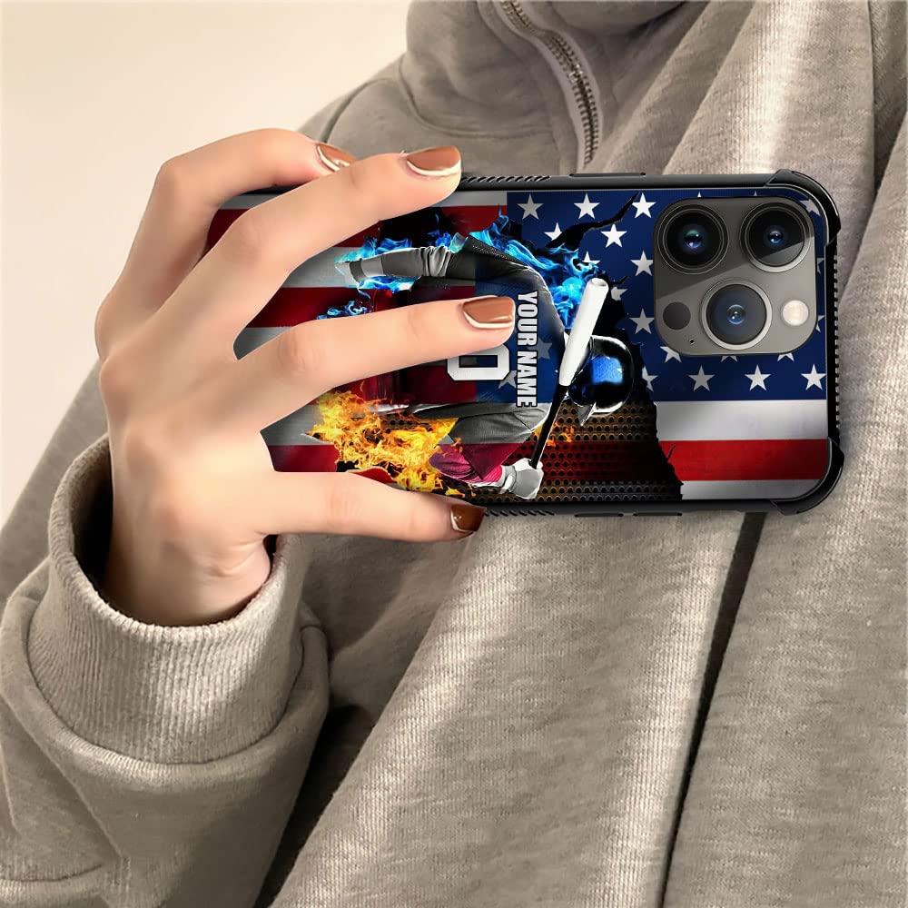 Custom Personalized Baseball Sport Phone Case with American Flag & Name/Number - Compatible with iPhone 16/15/14 Pro Max/13/12/11 Mini/Xs/X/Xr/8 Plus/SE2 - Anti-Scratch Protection for Sports Fans & Patriotic Americans