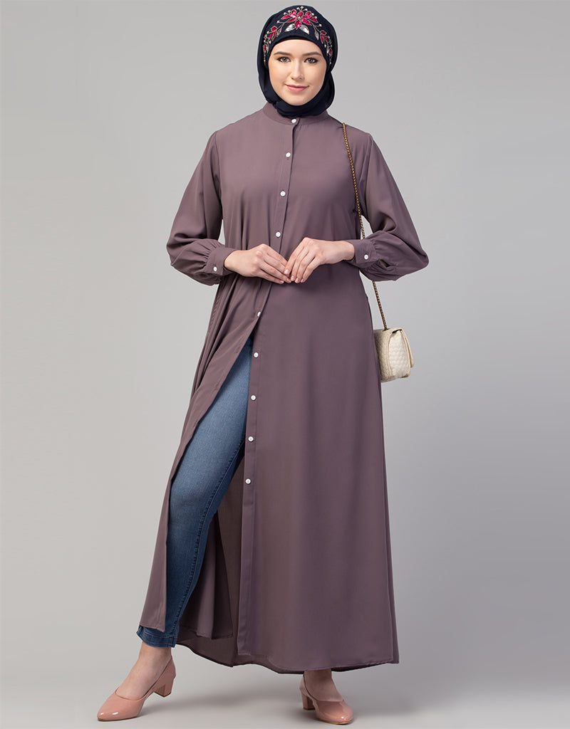 Elegant Arabic Abaya Dress with Front Open Design & Cuffs - Stylish Plum Color for Women | Perfect for Prayer, Mosque & Modest Fashion Occasions