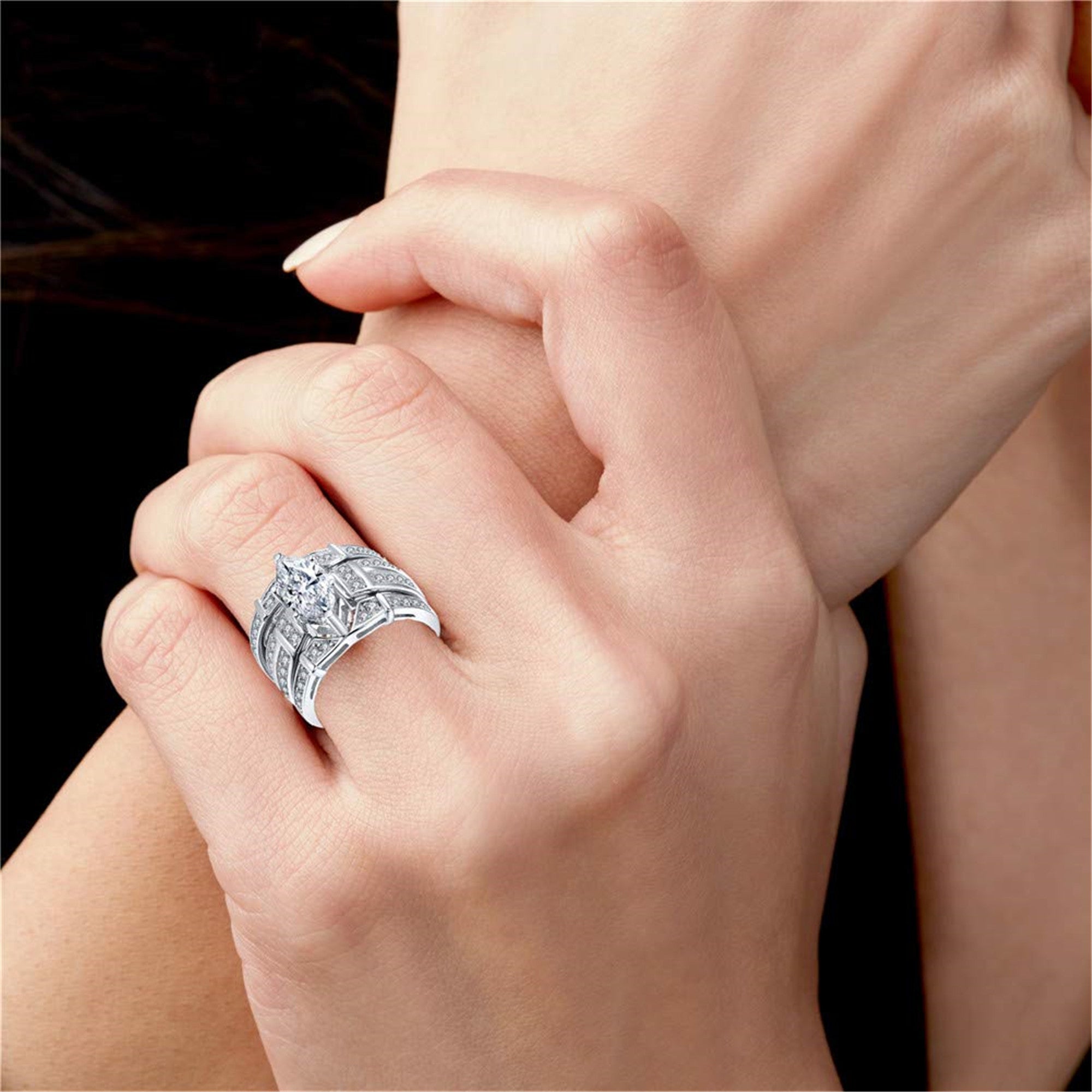 MABELLA Sterling Silver Cubic Zirconia Marquise Wedding Ring Set for Women - 3 Piece Bridal Jewelry Set, Elegant Anniversary Gift for Her, Perfect for Engagement, Wedding & Special Occasions