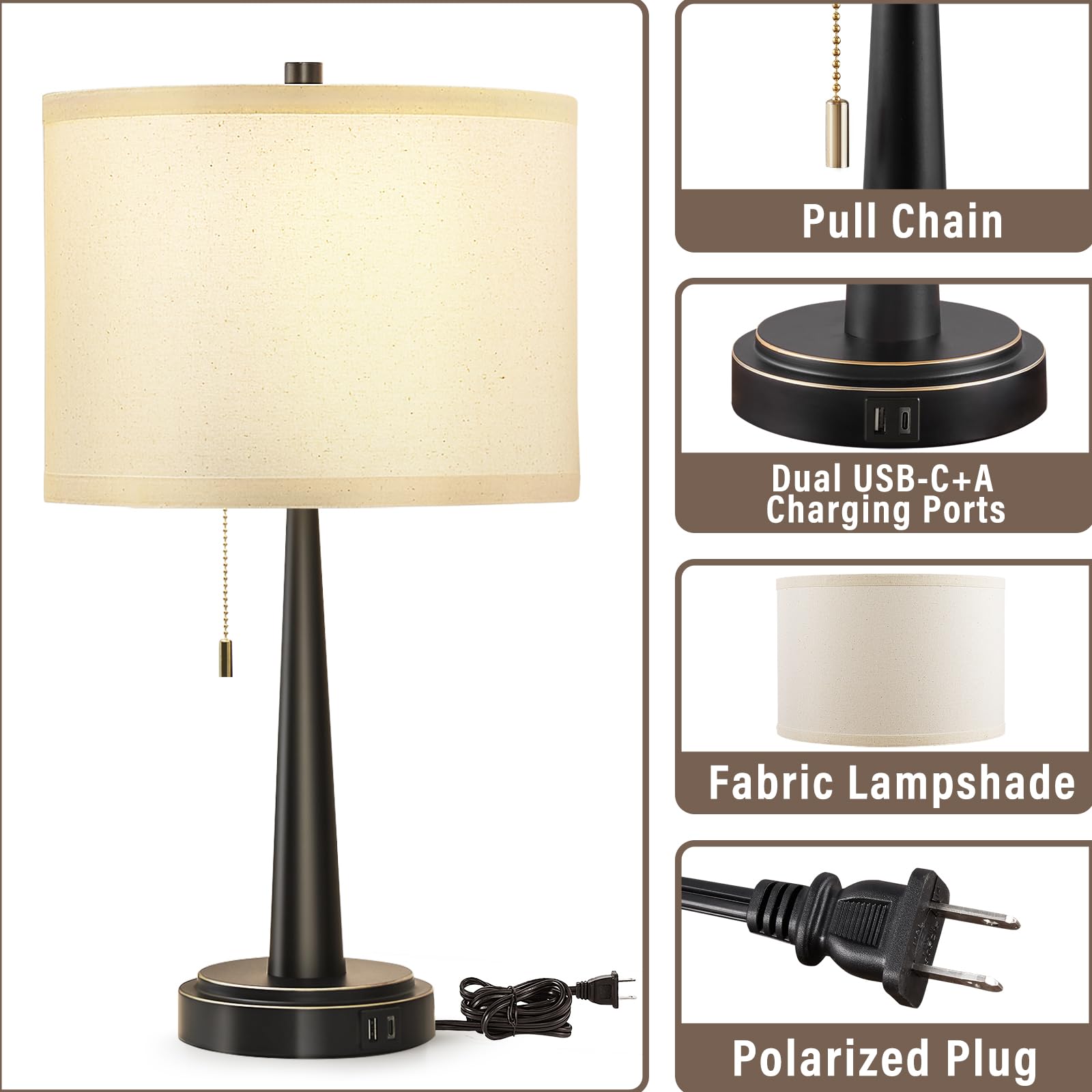 GyroVu Modern LED Table Lamp Set of 2 - USB-C/A Charging Nightstand Lamps with Pull Chain Switch, 9W Bulbs Included (Matte Black) - Perfect for Living Room, Bedroom & Office Lighting