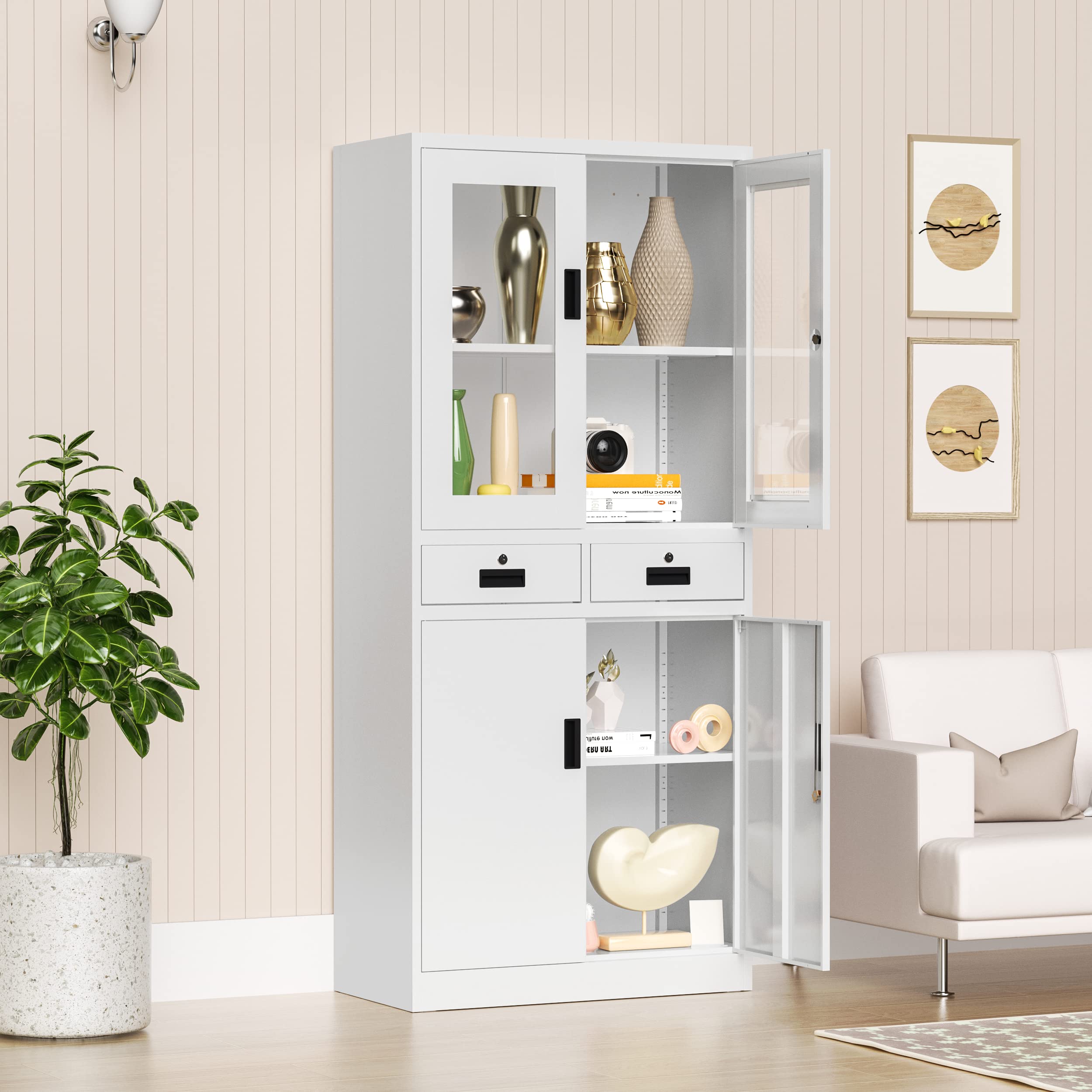 71'' Tall White Metal Storage Cabinet with Locking Doors & Adjustable Shelves - Freestanding Glass Display Cabinet for Kitchen Pantry, Living Room, or Office Organization