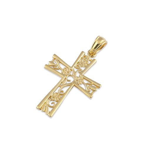 14K Solid Gold Floral Cross Pendant Necklace for Women - Elegant Religious Jewelry Gift for Baptism, First Communion & Everyday Wear