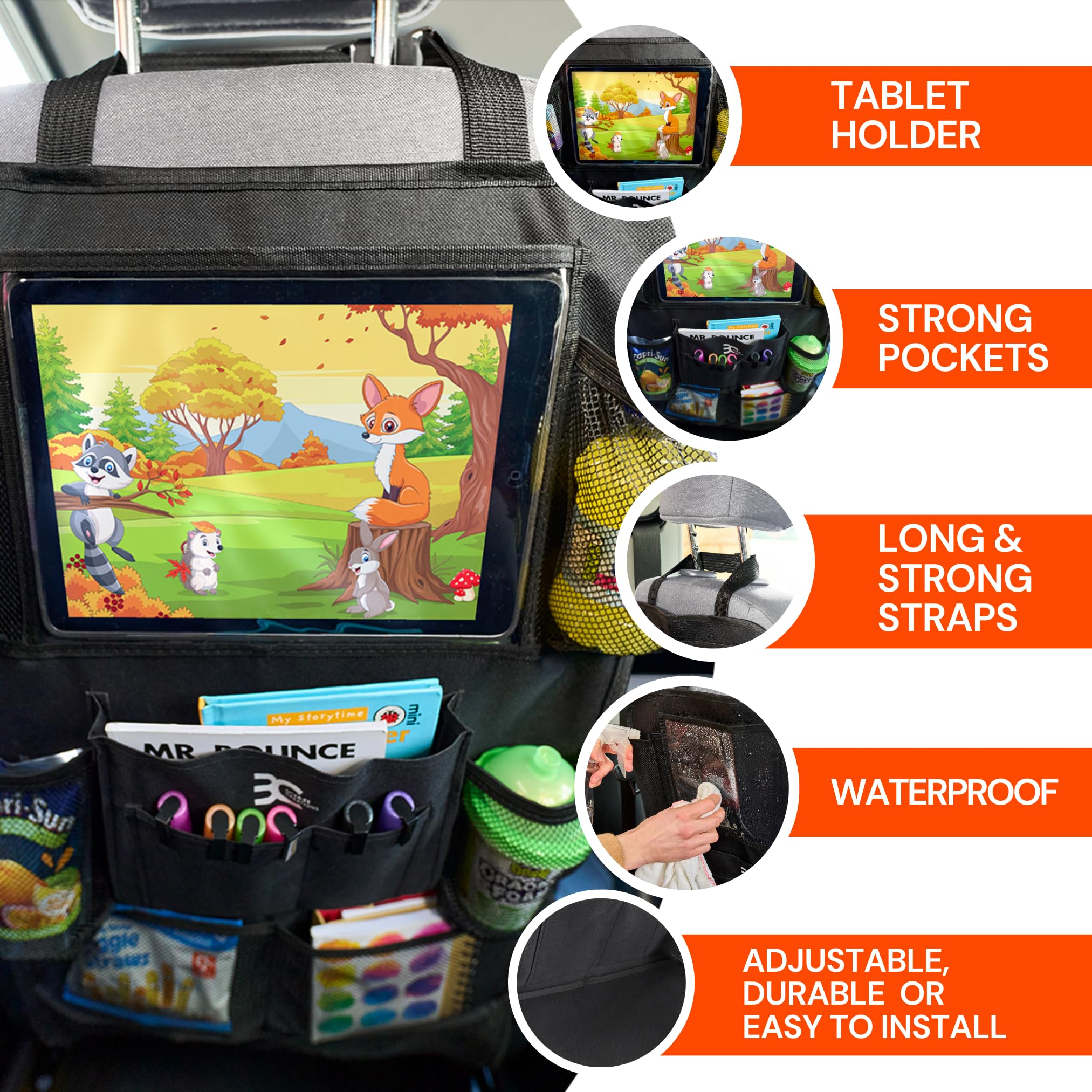 Backseat Car Organizer with Tablet Holder - 9 Storage Pockets & 4 Headrest Hooks - Kick Mat Back Seat Protector for Kids & Baby - Travel Accessories (2-Pack, Black) - Perfect for Road Trips & Family Travel