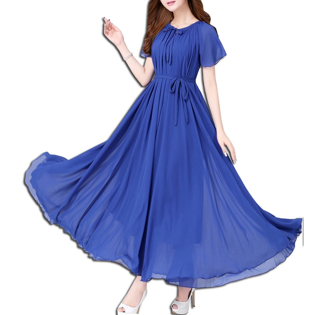 Elegant Chiffon Maxi Dress with Belt - Flowy Long Swing Dress for Women - Perfect for Beach Vacations, Weddings & Summer Parties