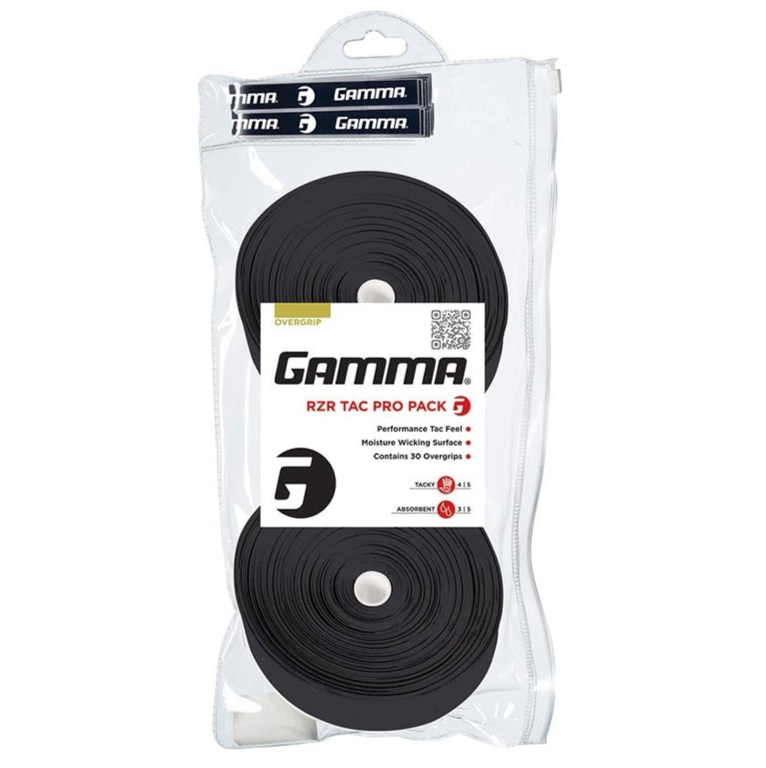 Gamma RZR Tac Pro Overgrips 30 Pack (Black) - Premium Tennis & Racquetball Grip Tape for Enhanced Control & Sweat Absorption - Perfect for Tennis, Badminton, Squash & Pickleball Players