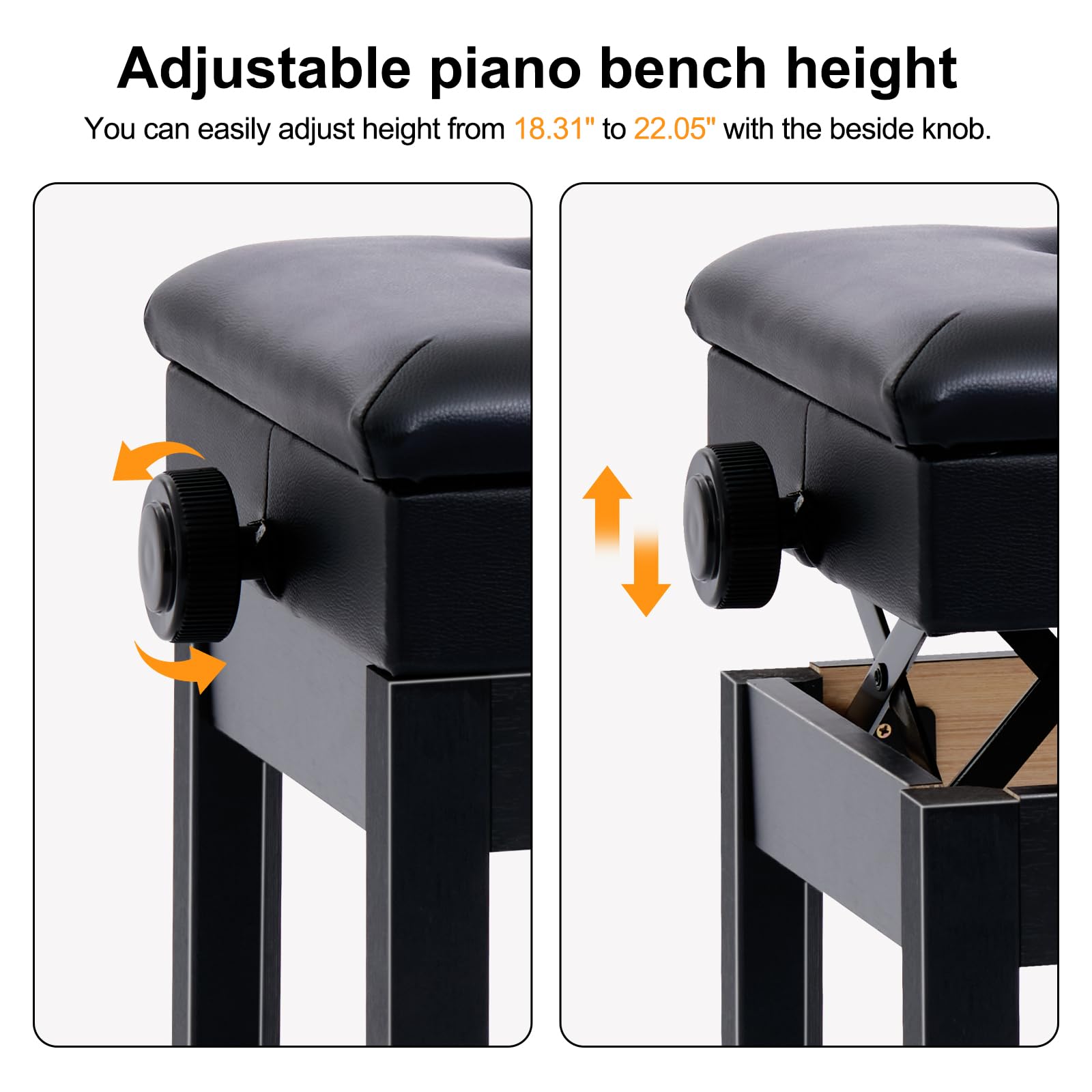 Adjustable Wooden Piano Bench with Storage - Black Padded Seat, Sheet Music Compartment (22.05