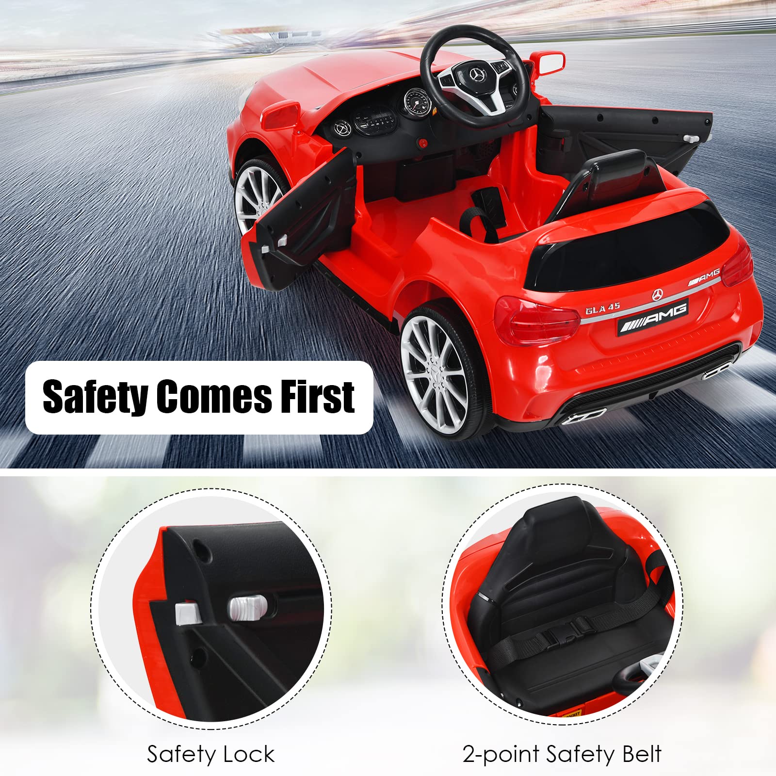OLAKIDS 12V Licensed Mercedes Benz GLA45 Electric Ride On Car for Kids - Remote Control Battery Powered Toy with Music, USB, MP3, 2 Speeds, Wheels Suspension & LED Lights (Red) - Perfect for Indoor & Outdoor Play, Birthday Gifts for Toddlers Ages 2-5