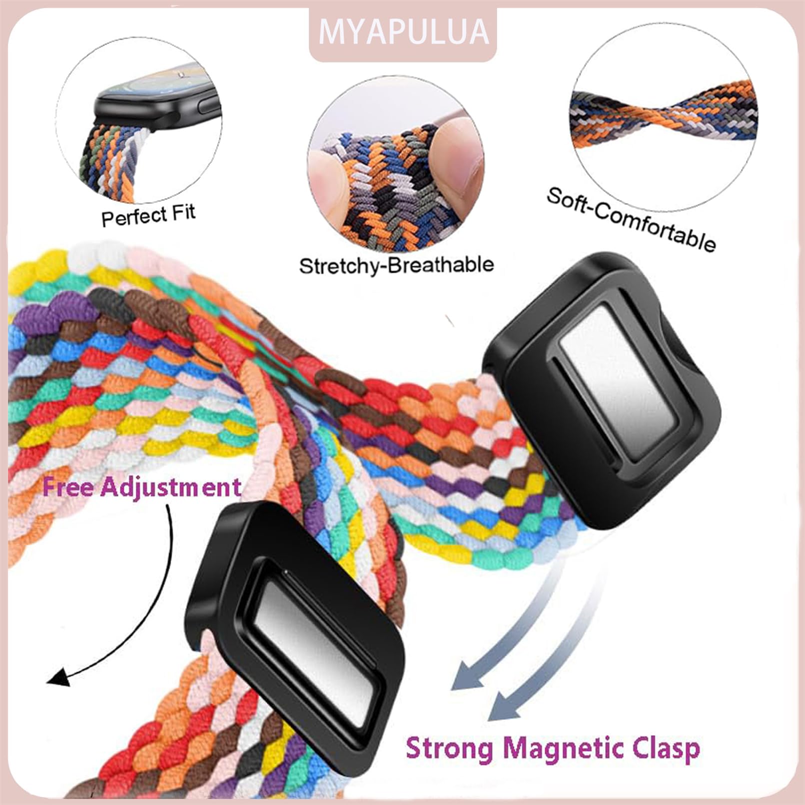 Magnetic Braided Stretch Elastic Nylon Sport Loop Strap for Apple Watch Series 10/9/8/7/6/5/4/3/2/SE - Compatible with 38mm/40mm/41mm/42mm/44mm/45mm/46mm/49mm - Comfortable & Adjustable for Men & Women - Perfect for Running, Workouts & Daily Wear