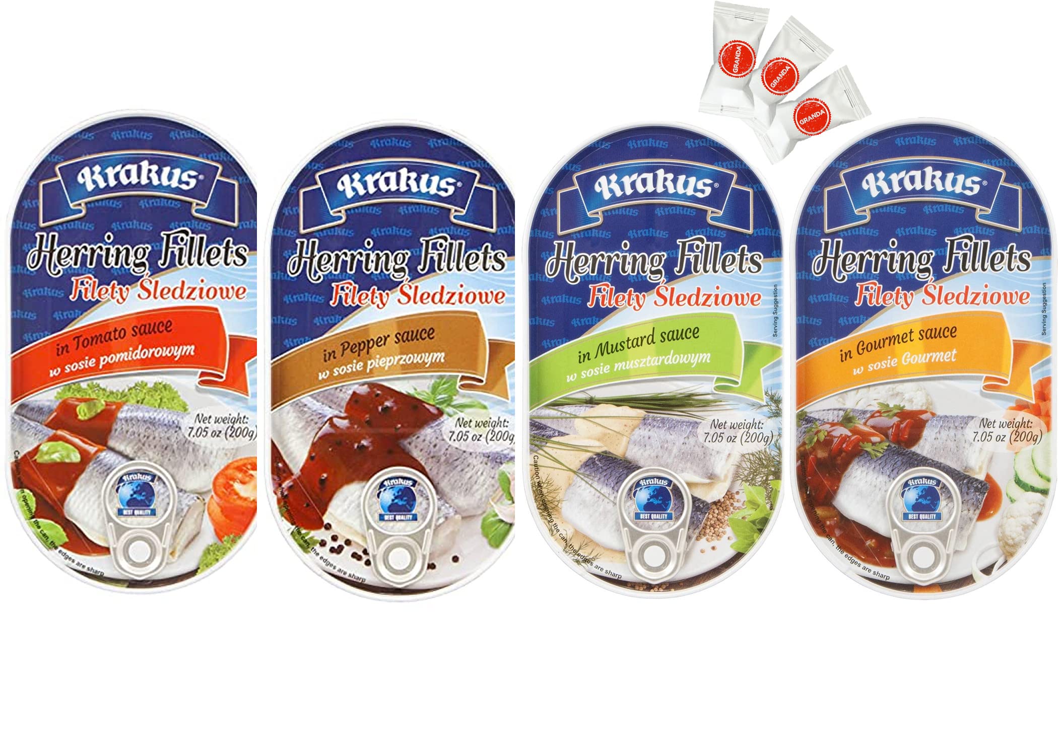 Krakus Herring Fillets in Tomato, Mustard, Gourmet & Pepper Sauce - 7.05 oz (200g) x 4 Pack - Variety Pack - Product of Poland - Perfect for Salads, Sandwiches & Charcuterie Boards
