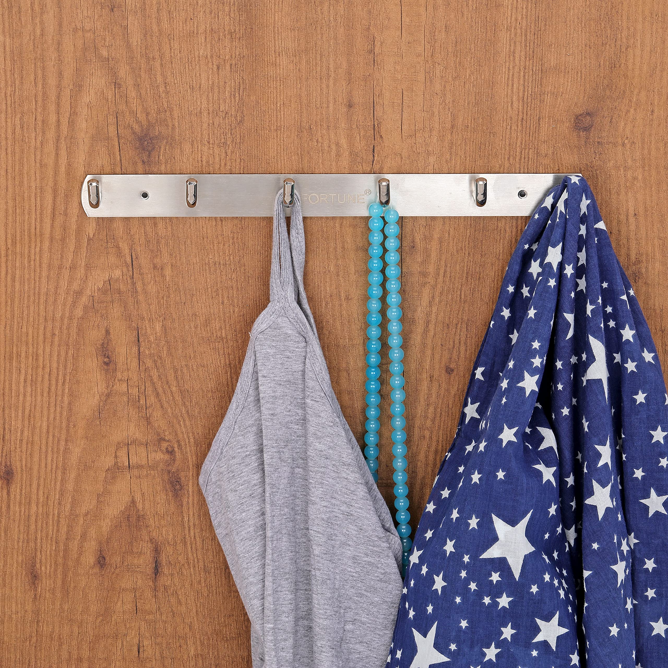 FORTUNE Stainless Steel Wall Hooks - 6 Pack Heavy Duty Bathroom Hangers for Towels, Robes, Clothes & Keys | Rustproof Door & Wall Mounted Organizer for Home, Kitchen, Laundry Room & Dorm