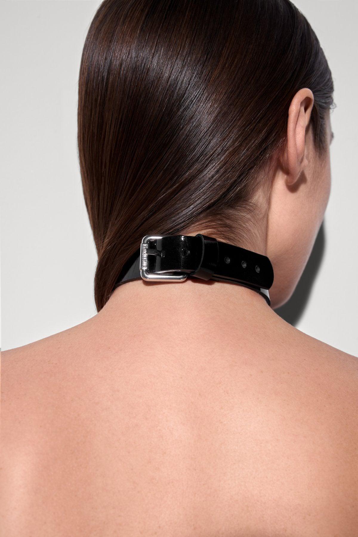 Kelly Black Lacquer Leather Choker Necklace - Gothic Punk Fashion Accessory for Women, Perfect for Concerts, Parties & Edgy Outfits
