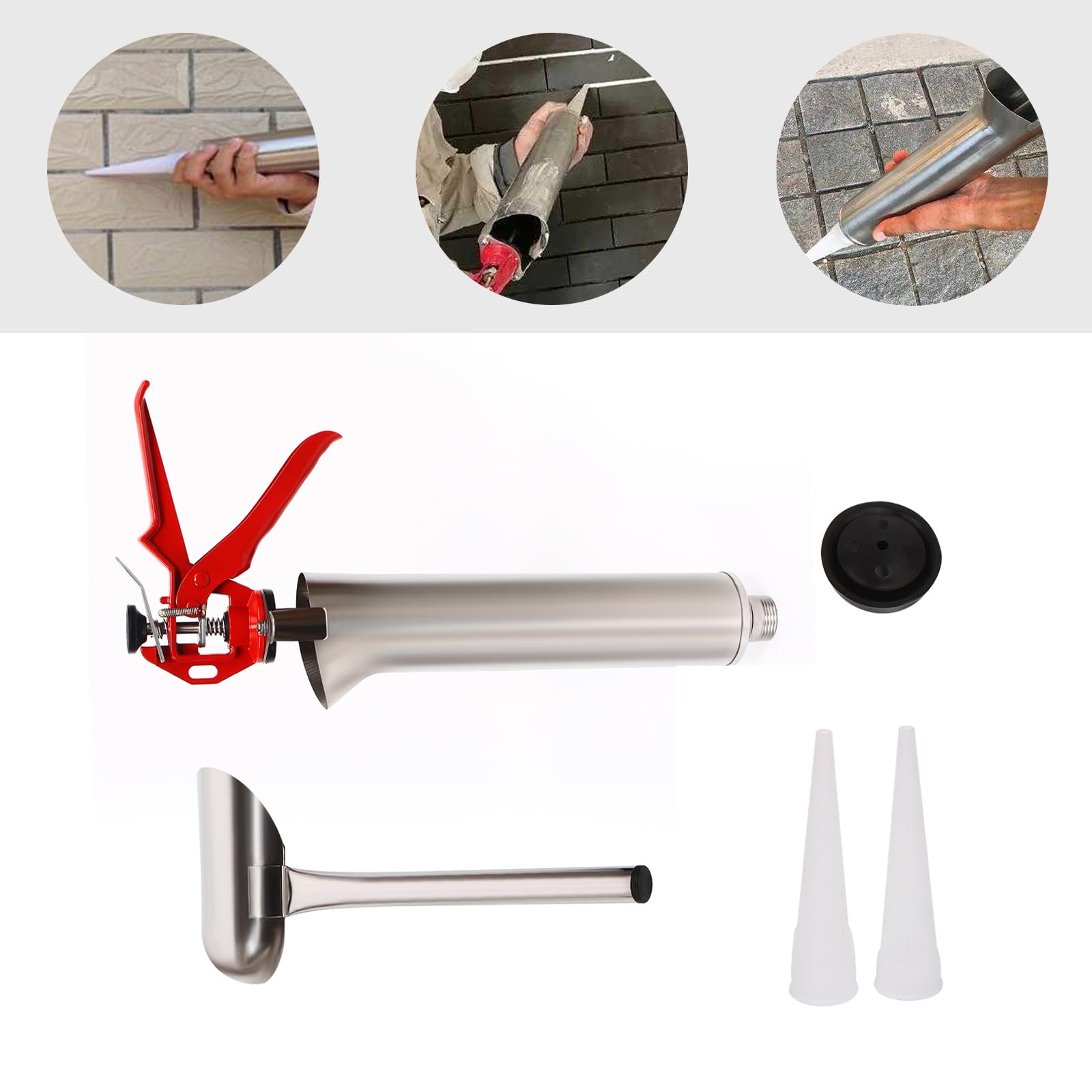 Stainless Steel Caulking Gun with 2 Nozzles - Heavy Duty Mortar Grout Applicator for Cement, Lime & Caulk - Perfect for Construction, Tile Work & DIY Home Repairs
