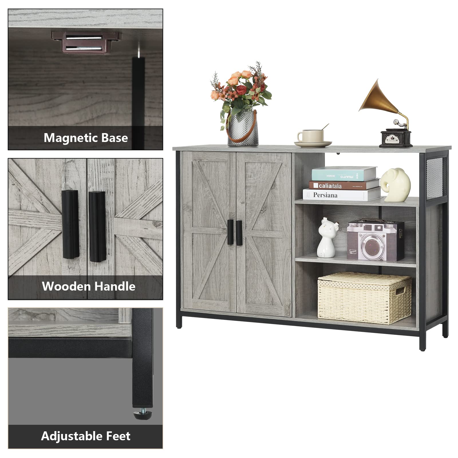 WEENFON Industrial Storage Cabinet with 2 Barn Doors - Adjustable Shelves Buffet Sideboard for Dining Room, Living Room & Kitchen - Grey | Perfect for Home Organization, Farmhouse Decor & Small Space Storage Solutions