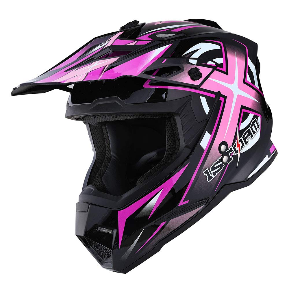 1Storm Adult Motocross Helmet BMX MX ATV Dirt Bike Helmet - Racing Style HF801 with Bluetooth Headset (Sonic Pink) | Lightweight & DOT Approved for Off-Road, Street Riding & Racing