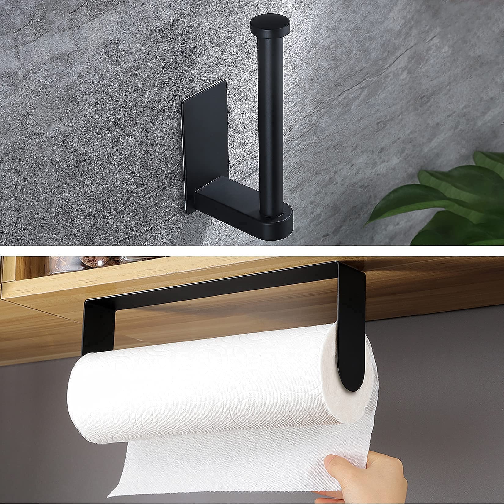 YIGII Self-Adhesive Toilet Paper Holder & Black Paper Towel Holder - Wall Mount, Stick-On for Bathroom & Kitchen - Premium SUS 304 Stainless Steel - Perfect for Small Spaces, Apartments & RVs
