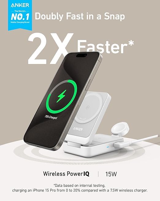 Anker MagGo 3-in-1 Wireless Charging Station with MagSafe | Qi2 Certified 15W Fast Charging | Compatible with iPhone 16/15, AirPods & Apple Watch | Includes 40W USB-C Adapter | Perfect for Home, Office & Travel Charging