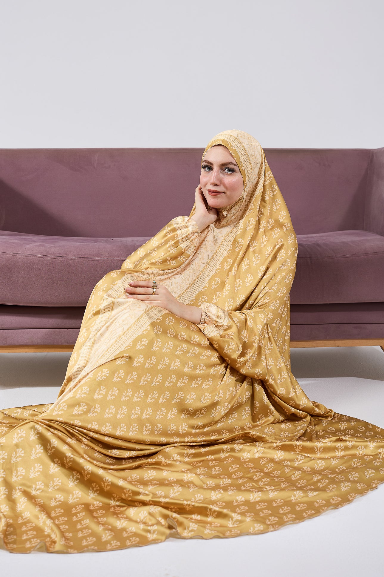 Bahija Luxurious Satin Prayer Gown - Golden Floral Print Islamic Dress for Women | Perfect for Salah, Eid, Ramadan & Special Occasions