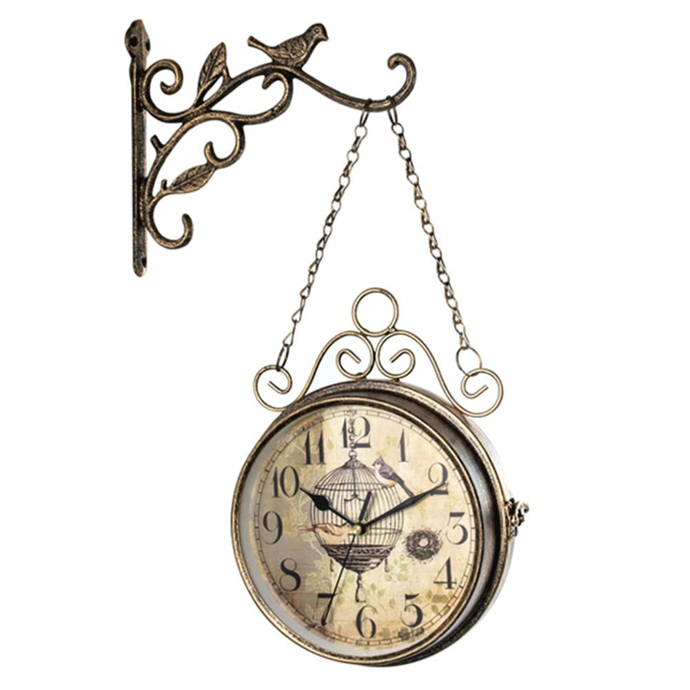 Vintage Double Sided Wall Clock - Antique Two-Faced Decorative Bracket Clock for Home & Garden - Perfect for Living Room, Patio, Pool Area, Lanai or Fence Decoration - Retro Central Station Style Wall-Mounted Clock