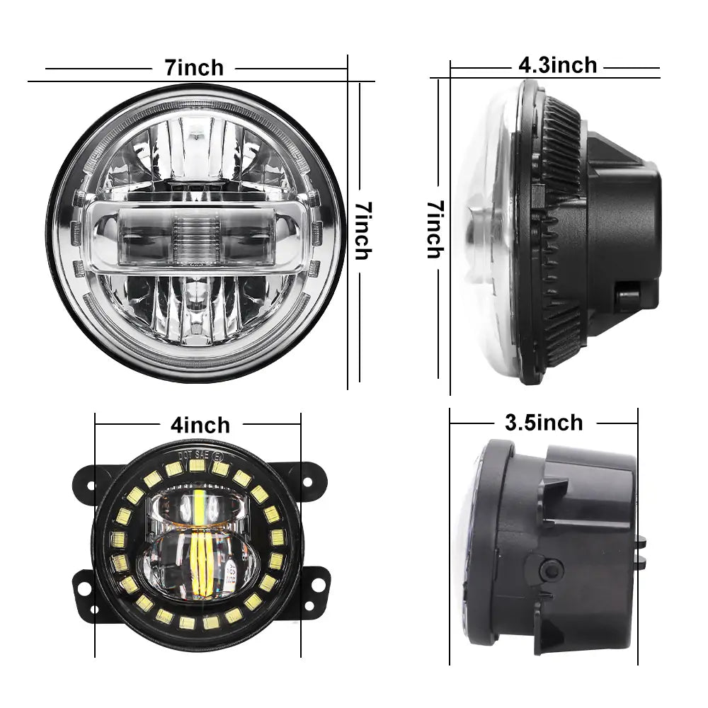 LOYO King Kong LED Headlights & Clock Style Fog Lights for Jeep Wrangler JK (2007-2018) - Chrome Finish - Off-Road Adventure & Night Driving Upgrade