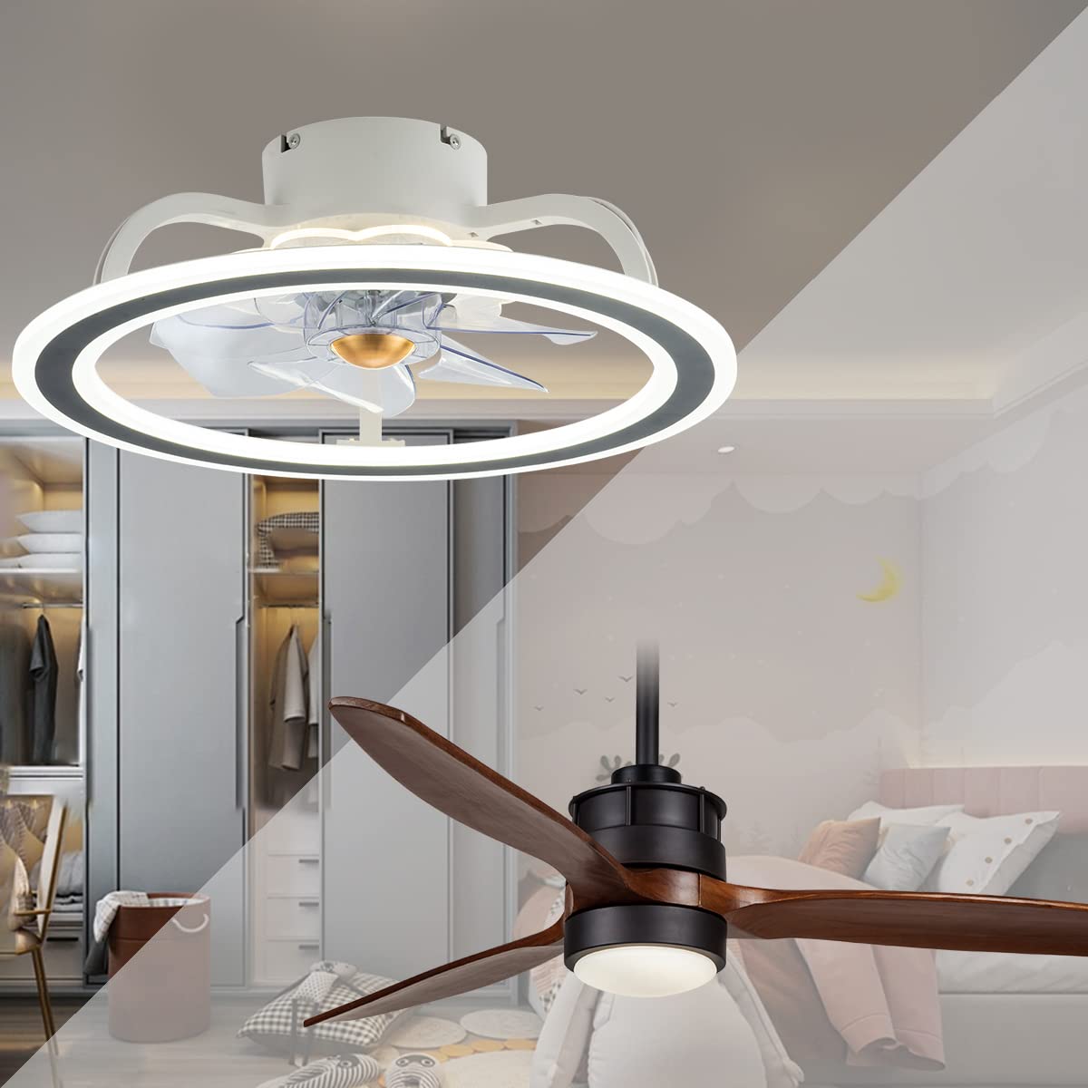 EKIZNSN 20 Inch Modern Bladeless Ceiling Fan with Light & 52'' Outdoor Ceiling Fan - 3 Downrods Included - Perfect for Living Room, Bedroom, and Patio Cooling